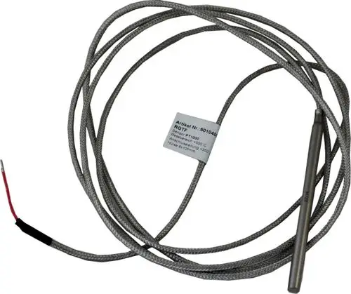 Temperatursensor mit einem metallischen Gehäuse und flexiblen Kabeln. Wurde für Anwendungen des Herstellers Wolf konzipiert.